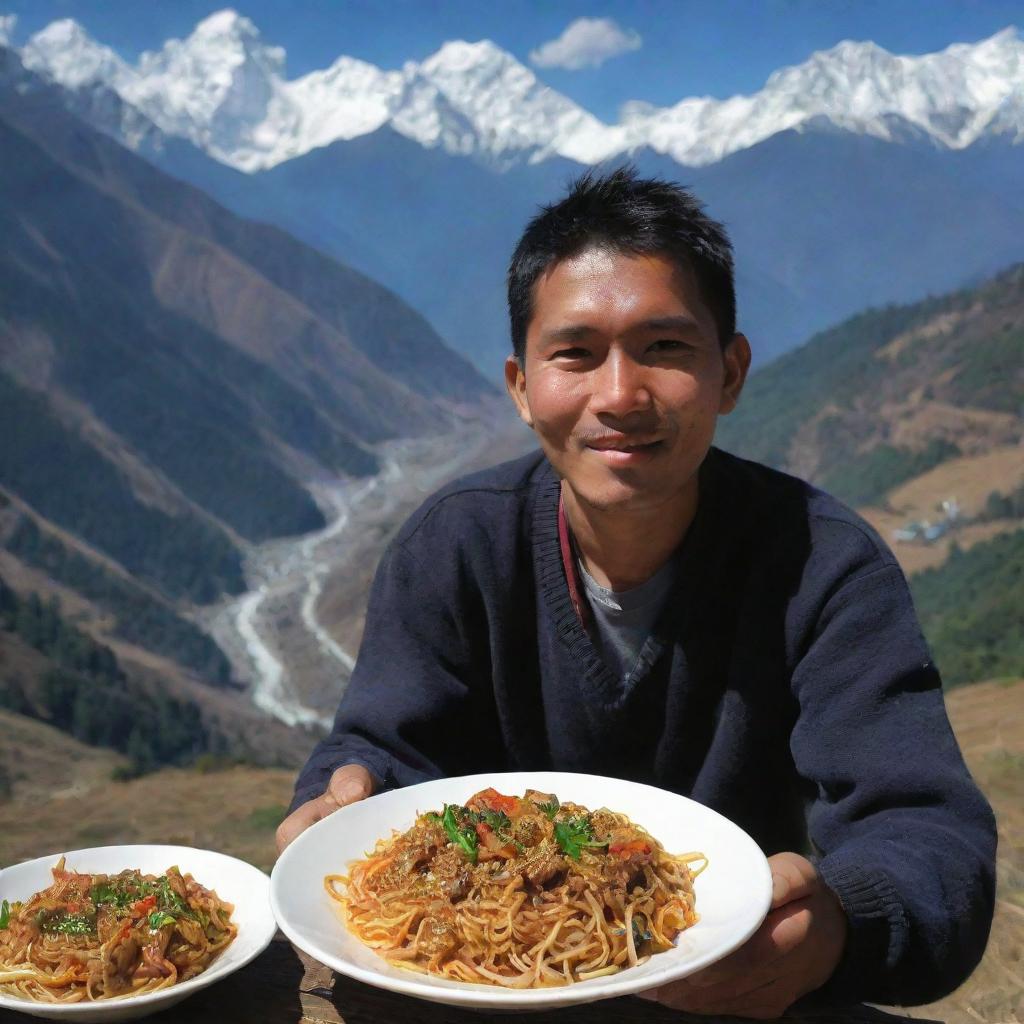 A Nepali individual enjoying a delicious plate of Chow Mein amidst the backdrop of Himalayan foothills.