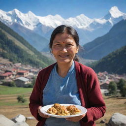 A Nepali woman delightfully holding a plate of traditional Nepali momos with a picturesque Himalayan setting in the background.