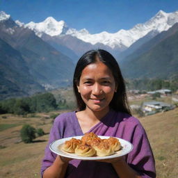 A Nepali woman delightfully holding a plate of traditional Nepali momos with a picturesque Himalayan setting in the background.