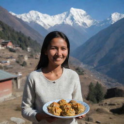 A Nepali woman delightfully holding a plate of traditional Nepali momos with a picturesque Himalayan setting in the background.