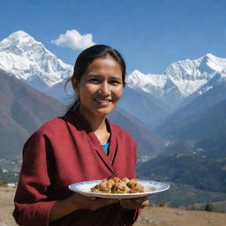 A Nepali woman delightfully holding a plate of traditional Nepali momos with a picturesque Himalayan setting in the background.