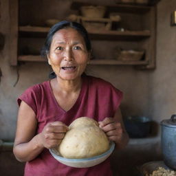 A Nepali woman astonished by a giant traditional Nepali momo she's holding, in a rustic kitchen setting.