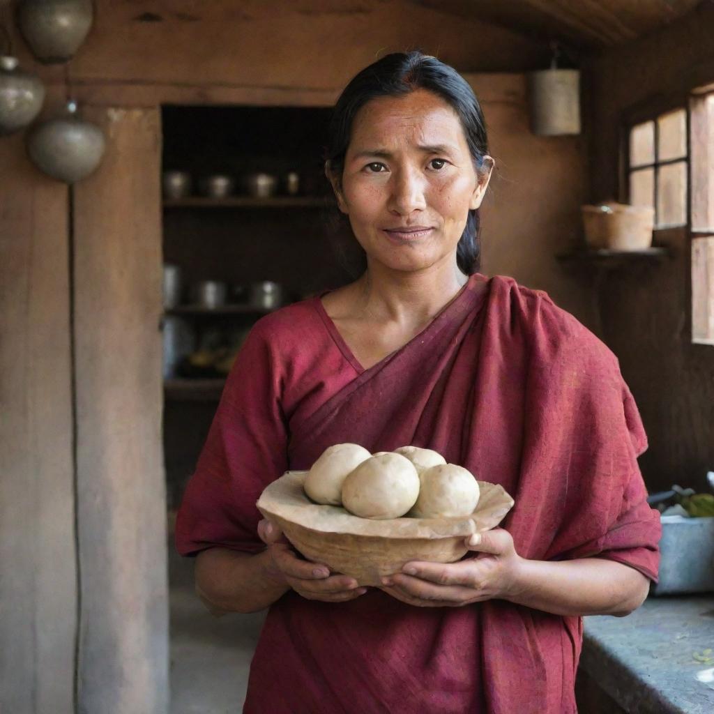 A Nepali woman astonished by a giant traditional Nepali momo she's holding, in a rustic kitchen setting.