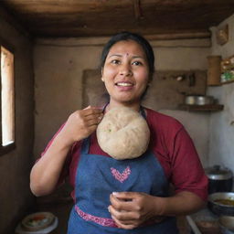 A Nepali woman astonished by a giant traditional Nepali momo she's holding, in a rustic kitchen setting.