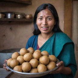 A Nepali woman astonished by a giant traditional Nepali momo she's holding, in a rustic kitchen setting.