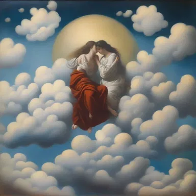 The painting depicted a surreal scene of two lovers floating above clouds, intertwined in an eternal embrace.
