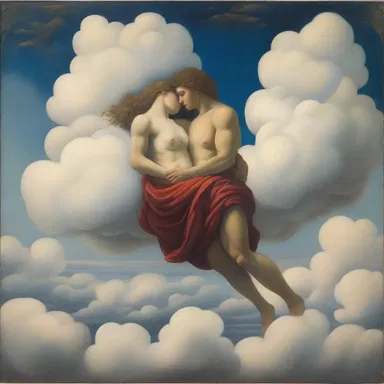The painting depicted a surreal scene of two lovers floating above clouds, intertwined in an eternal embrace.
