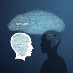 Generate an inspiring poster illustrating the principles of AI-based dialogue. Features should include a futuristic interface, a world cloud with AI-related terminology, and two silhouette figures in discussion.