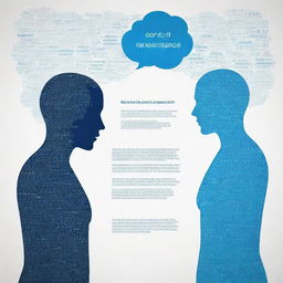 Generate an inspiring poster illustrating the principles of AI-based dialogue. Features should include a futuristic interface, a world cloud with AI-related terminology, and two silhouette figures in discussion.