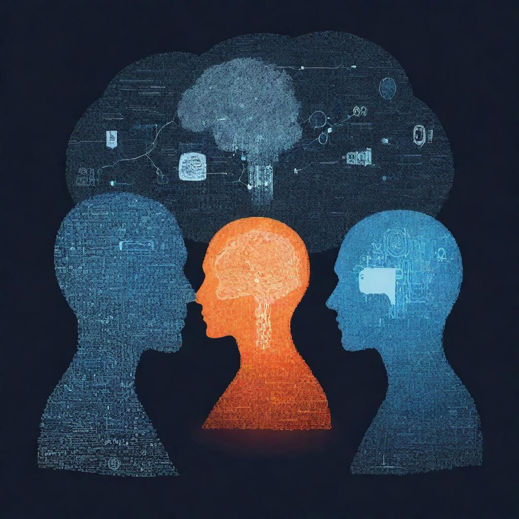 Generate an inspiring poster illustrating the principles of AI-based dialogue. Features should include a futuristic interface, a world cloud with AI-related terminology, and two silhouette figures in discussion.