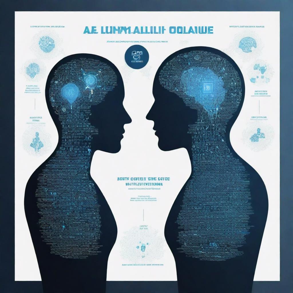 Generate an inspiring poster illustrating the principles of AI-based dialogue. Features should include a futuristic interface, a world cloud with AI-related terminology, and two silhouette figures in discussion.