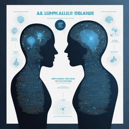 Generate an inspiring poster illustrating the principles of AI-based dialogue. Features should include a futuristic interface, a world cloud with AI-related terminology, and two silhouette figures in discussion.