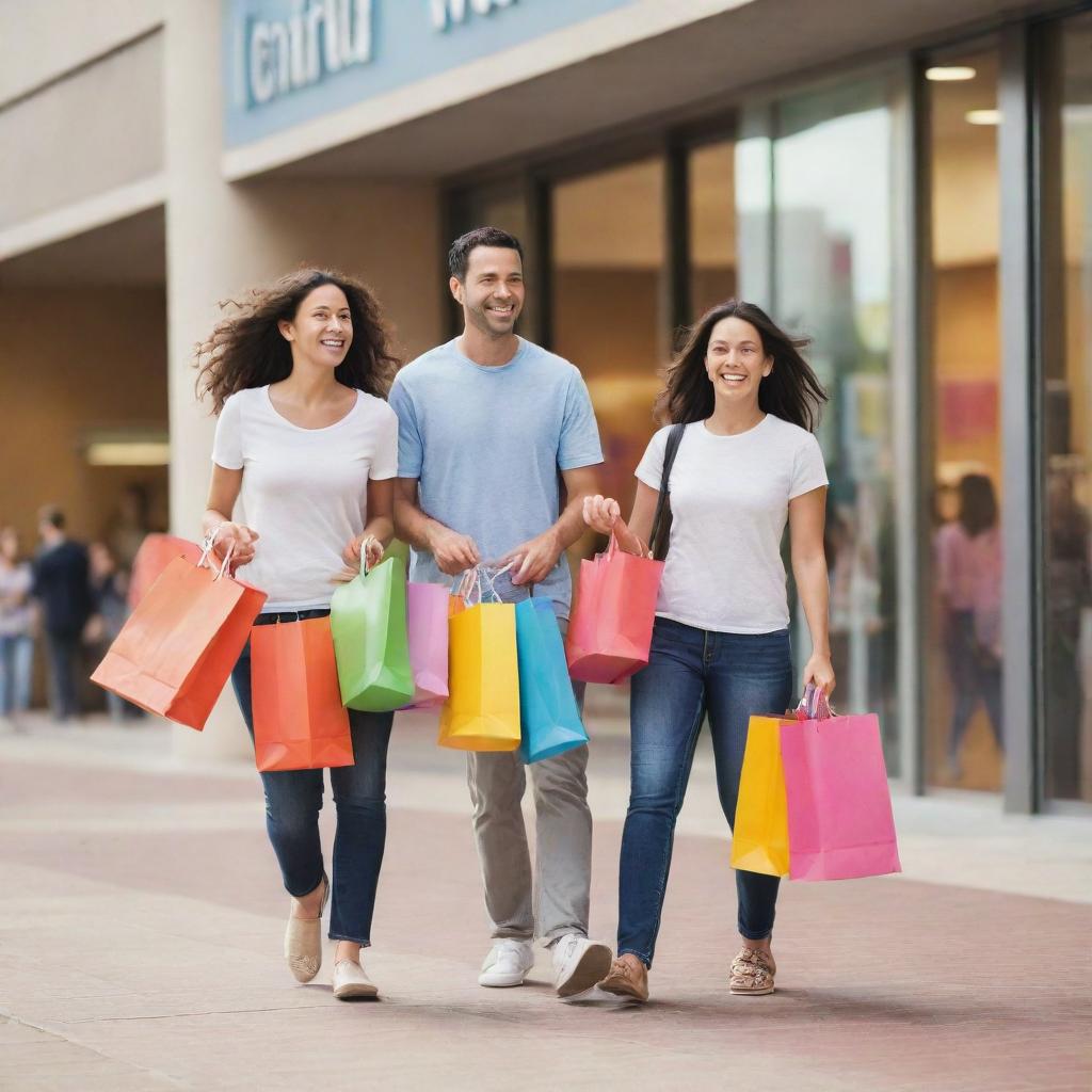 A cheerful family carrying shopping bags, exiting a mall. Each bag displays a creative rendition of '[Your Page Name]'. Light reflections, vibrant colors, diverse characters, and a sense of movement should be vibrant and noticeable.