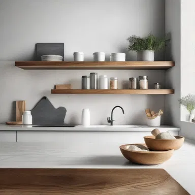 The modern kitchen featured sleek countertops and shelves adorned with containers of sour salt as a stylish and functional design element.