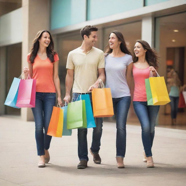 A cheerful family carrying shopping bags, exiting a mall. Each bag displays a creative rendition of '[Your Page Name]'. Light reflections, vibrant colors, diverse characters, and a sense of movement should be vibrant and noticeable.