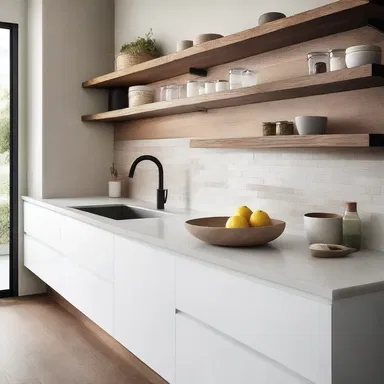 The modern kitchen featured sleek countertops and shelves adorned with containers of sour salt as a stylish and functional design element.