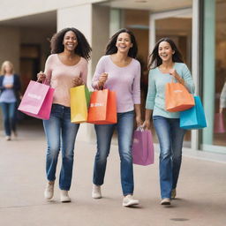 A cheerful family carrying shopping bags, exiting a mall. Each bag displays a creative rendition of '[Your Page Name]'. Light reflections, vibrant colors, diverse characters, and a sense of movement should be vibrant and noticeable.