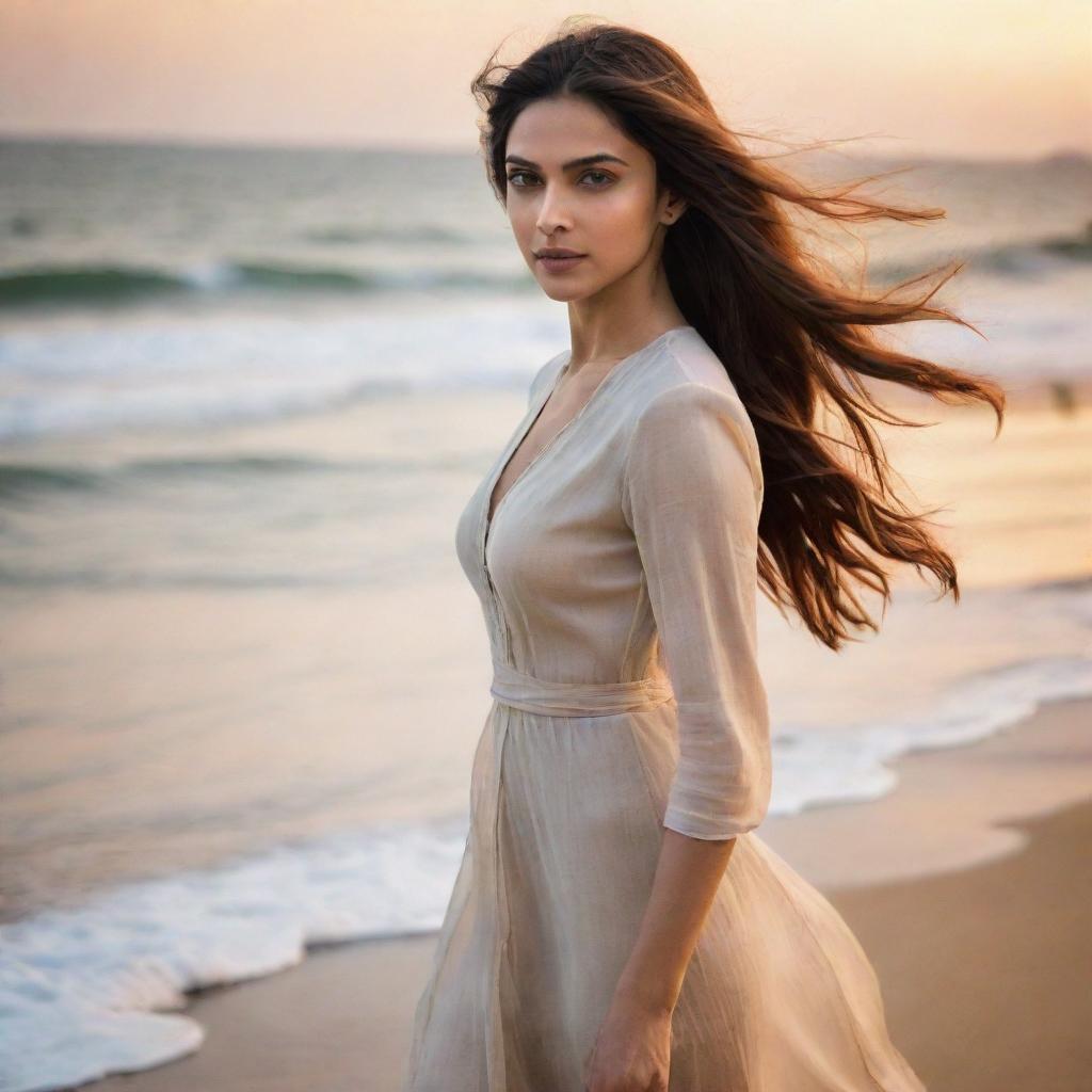 Bollywood actress Deepika Padukone at the beach, the wind gently playing with her hair. She stands on the sandy shore, gazing across the tranquil ocean against a backdrop of a beautiful sunset.