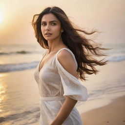 Bollywood actress Deepika Padukone at the beach, the wind gently playing with her hair. She stands on the sandy shore, gazing across the tranquil ocean against a backdrop of a beautiful sunset.