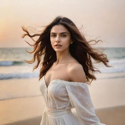 Bollywood actress Deepika Padukone at the beach, the wind gently playing with her hair. She stands on the sandy shore, gazing across the tranquil ocean against a backdrop of a beautiful sunset.