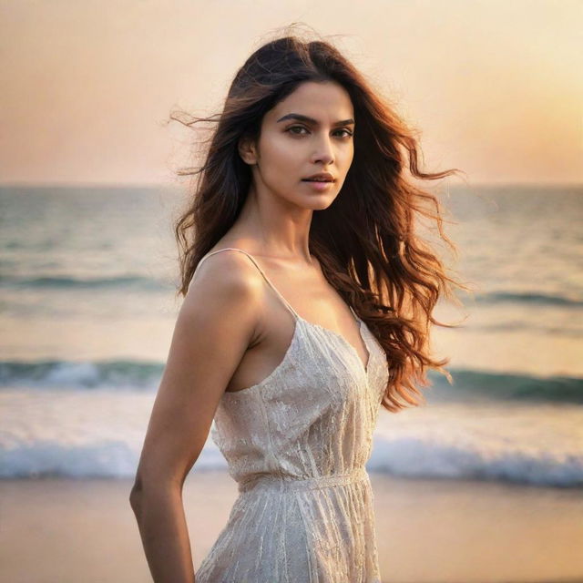 Bollywood actress Deepika Padukone at the beach, the wind gently playing with her hair. She stands on the sandy shore, gazing across the tranquil ocean against a backdrop of a beautiful sunset.