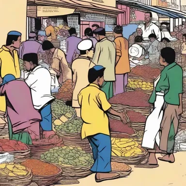 In the comic strip, the artist conveyed the commotion of a busy market with vibrant illustrations.