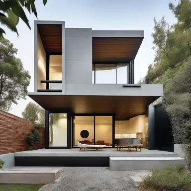 The modernist building design creates a sense of commotion with its asymmetrical structure and unconventional materials.