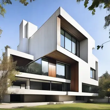 The modernist building design creates a sense of commotion with its asymmetrical structure and unconventional materials.