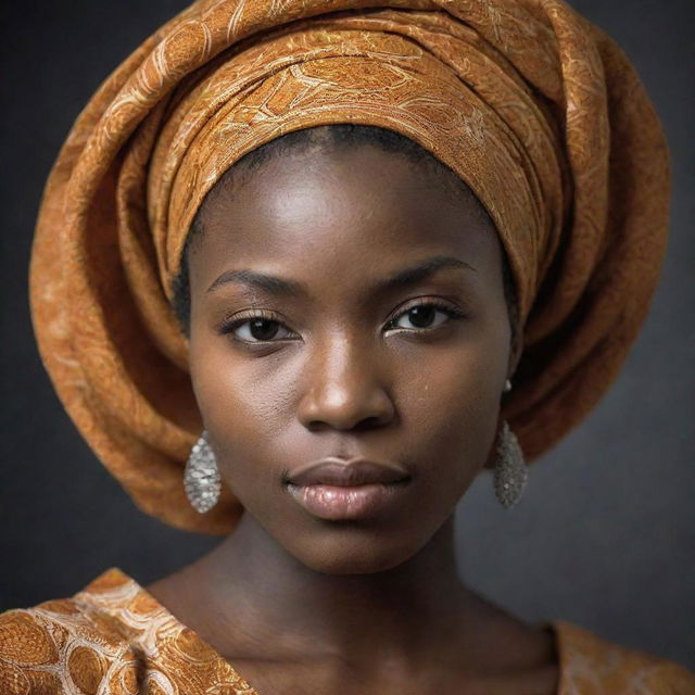 A portrait of a beautiful Nigerian girl, highlighting her prominent cheekbones and radiant beauty.