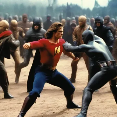 In the action-packed film, there was a commotion as the hero fought off a group of villains.