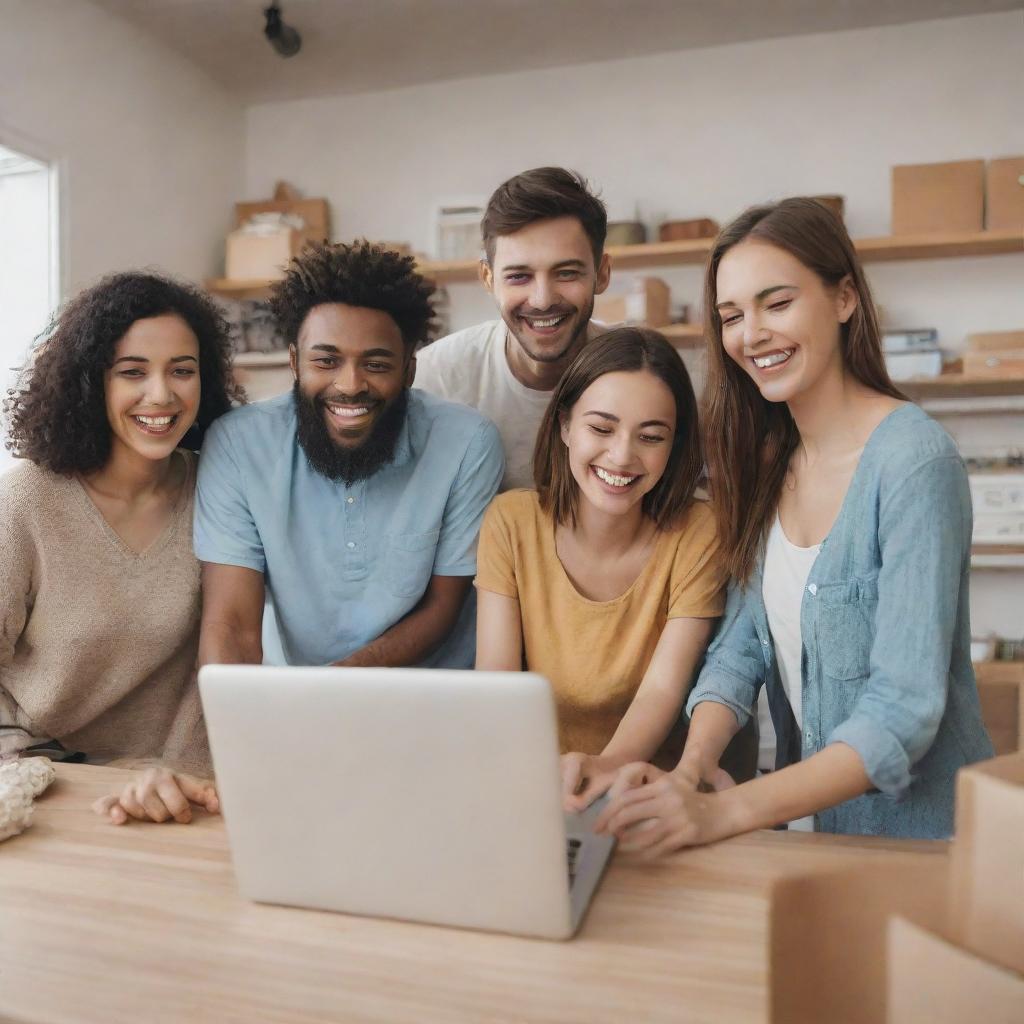 A lively scene of various happy customers browsing products on an online shopping platform, smiles on their faces as they fill their digital carts with desired items