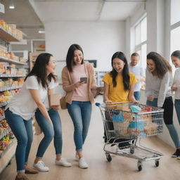 A lively scene of various happy customers browsing products on an online shopping platform, smiles on their faces as they fill their digital carts with desired items