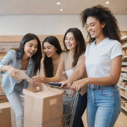 A lively scene of various happy customers browsing products on an online shopping platform, smiles on their faces as they fill their digital carts with desired items