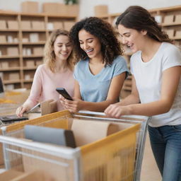 A lively scene of various happy customers browsing products on an online shopping platform, smiles on their faces as they fill their digital carts with desired items