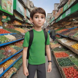 Animated character Ben 10 leisurely strolling through a bustling market, intrigued by the variety of goods on display.