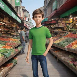 Animated character Ben 10 leisurely strolling through a bustling market, intrigued by the variety of goods on display.