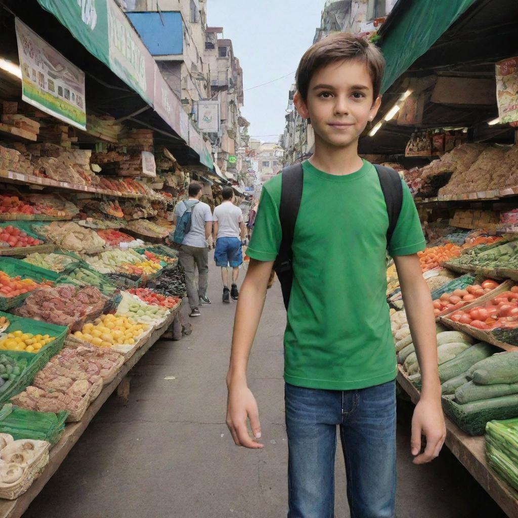 Animated character Ben 10 leisurely strolling through a bustling market, intrigued by the variety of goods on display.