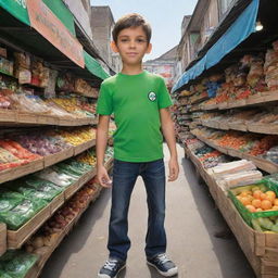 Animated character Ben 10 leisurely strolling through a bustling market, intrigued by the variety of goods on display.