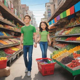 Cartoon character Ben 10 and his girlfriend exploring a lively market together, admiring colorful stands filled with a variety of goods.