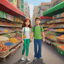 Cartoon character Ben 10 and his girlfriend exploring a lively market together, admiring colorful stands filled with a variety of goods.