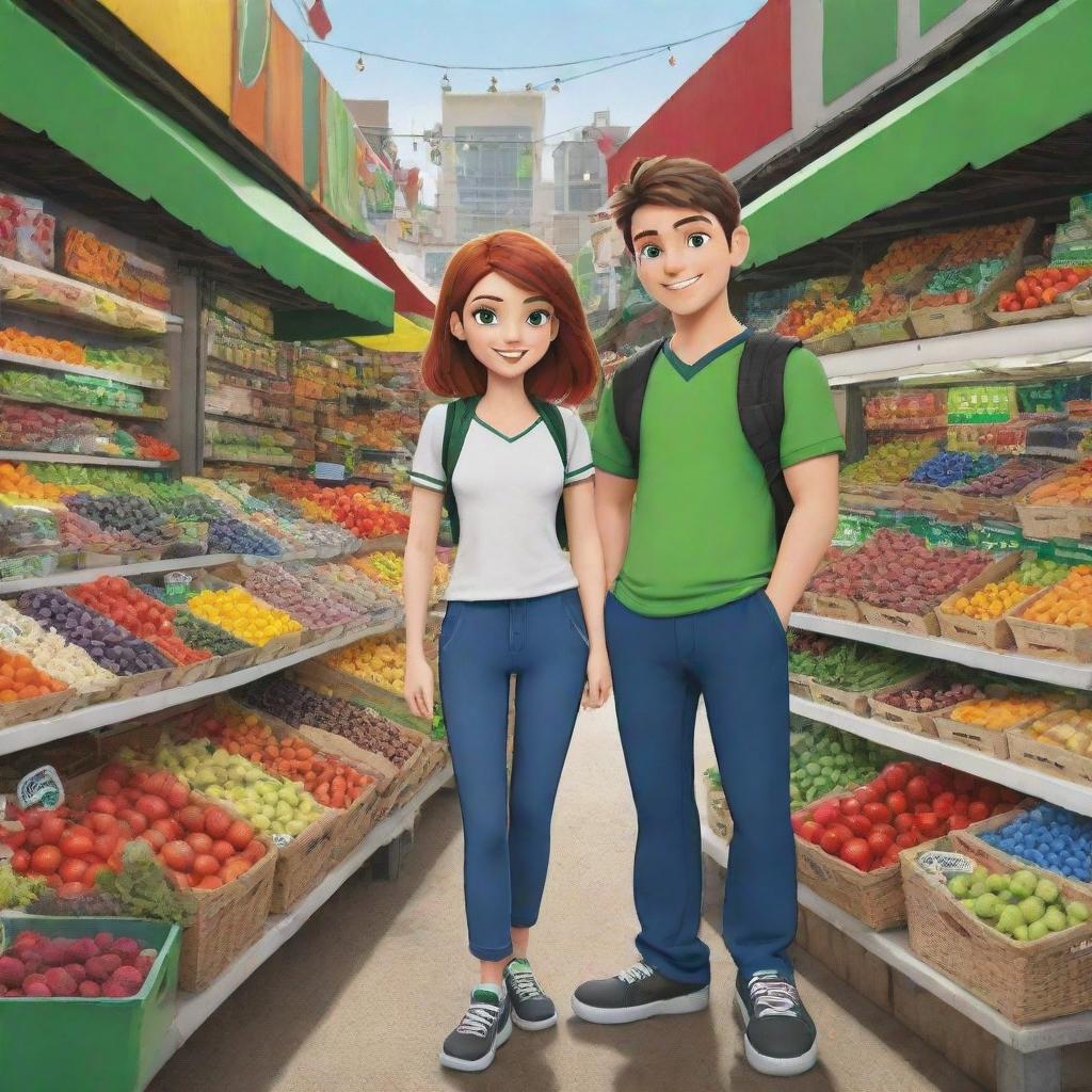 Cartoon character Ben 10 and his girlfriend exploring a lively market together, admiring colorful stands filled with a variety of goods.