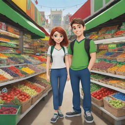 Cartoon character Ben 10 and his girlfriend exploring a lively market together, admiring colorful stands filled with a variety of goods.