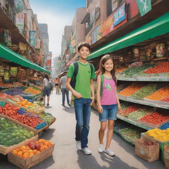 Cartoon character Ben 10 and his girlfriend exploring a lively market together, admiring colorful stands filled with a variety of goods.