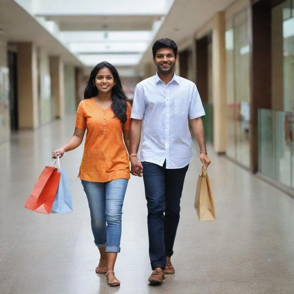 A cheerful Kerala girl and boy exiting a shopping mall, their hands laden with branded shopping bags showcasing an enjoyable shopping spree