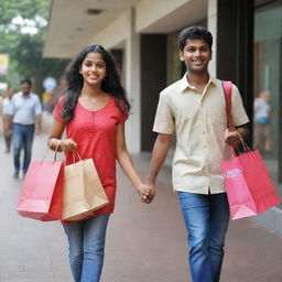 A cheerful Kerala girl and boy exiting a shopping mall, their hands laden with branded shopping bags showcasing an enjoyable shopping spree