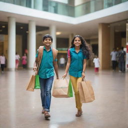 A cheerful Kerala girl and boy exiting a shopping mall, their hands laden with branded shopping bags showcasing an enjoyable shopping spree