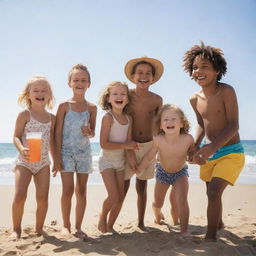 A diverse group of friends, both boys and girls, making the most out of their summer day at the beach, laughing and playing under the bright sun.