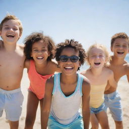 A diverse group of friends, both boys and girls, making the most out of their summer day at the beach, laughing and playing under the bright sun.