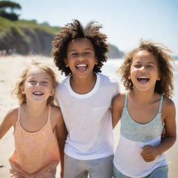 A diverse group of friends, both boys and girls, making the most out of their summer day at the beach, laughing and playing under the bright sun.