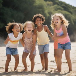 A diverse group of friends, both boys and girls, making the most out of their summer day at the beach, laughing and playing under the bright sun.